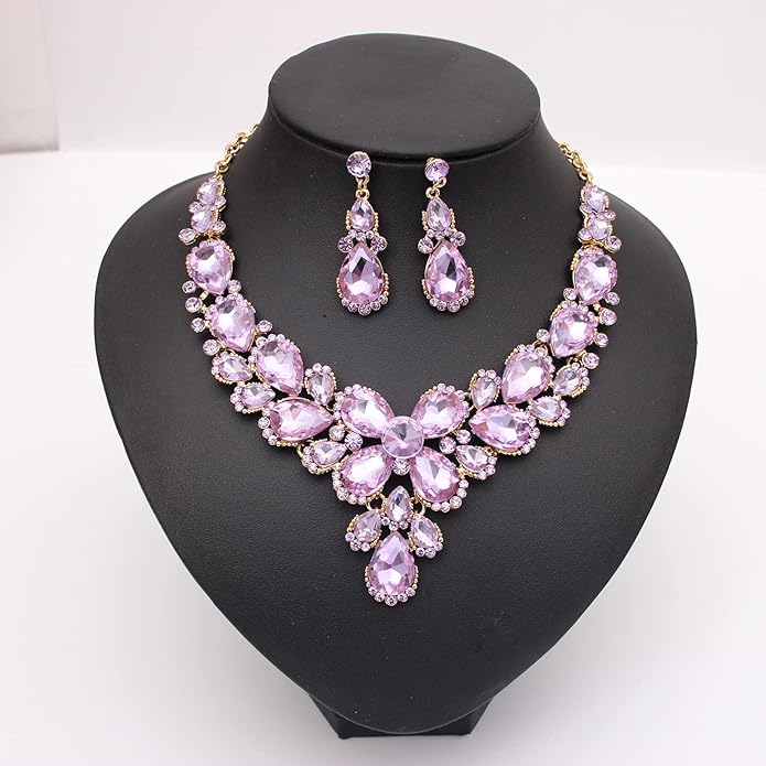 Women's Wedding Bridal Austrian Crystal Glass Teardrop Statement Necklace Dangle Earrings Bracelet Ring Wedding Party Jewelry Set for Bridal Bridesmaid