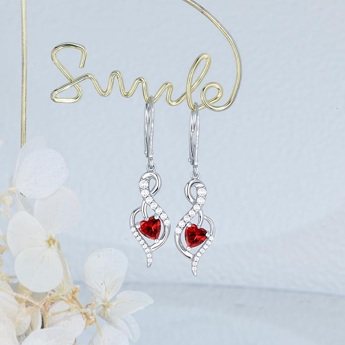 Infinity Heart Dangle Drop Earrings for Women, 925 Sterling Silver Birthstone Leverback Earrings, Birthday Anniversary Valentines Day Jewelry Gifts for Women Mom Her