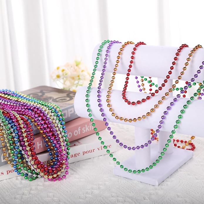 Mardi Gras Beads Necklaces, 33 Inch Plastic Beads for Party Favors, Festival Decorations, Parade Throws, Christmas, St. Patrick's Day Celebrations