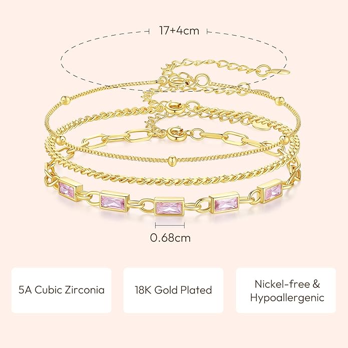 Gold Birthstone Bracelet for Women, 18K Gold Plated Layered Jewelry Bracelet Set, Womens Dainty Stackable Bracelets Link Paperclip Chain Valentines Day Gift for Wife Her
