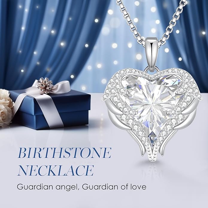 CDE Valentines Day Gifts for Women Angel Wings Necklace for Women with Birthstone, Love Heart Silver Tone/Gold Tone Pendant, Ideal Anniversary or Birthday Jewelry Gifts for Wife Girlfriend Her