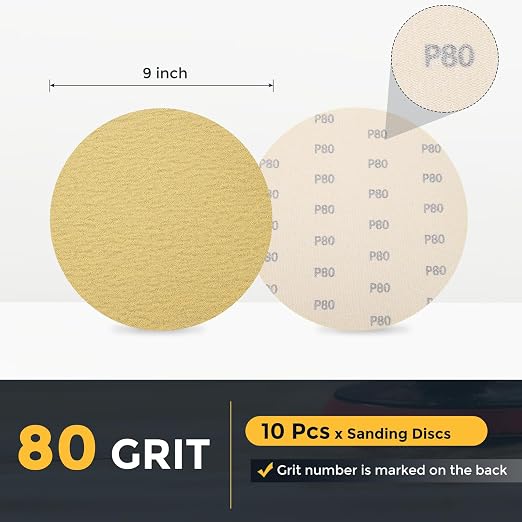 HARFINGTON 10 Pcs 9 Inch Sanding Discs 80 Grit Yellow Aluminum Oxide | Hook and - Image 2