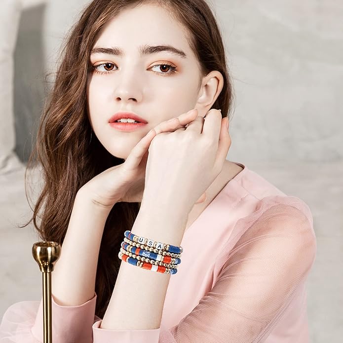 GOOJIDS Surfer Heishi Clay Bead Bracelets for Women Bohemian Stackable Gold Plated Beaded Stretch Bracelets Elastic Layering Friendship Bracelets Set Boho Jewelry