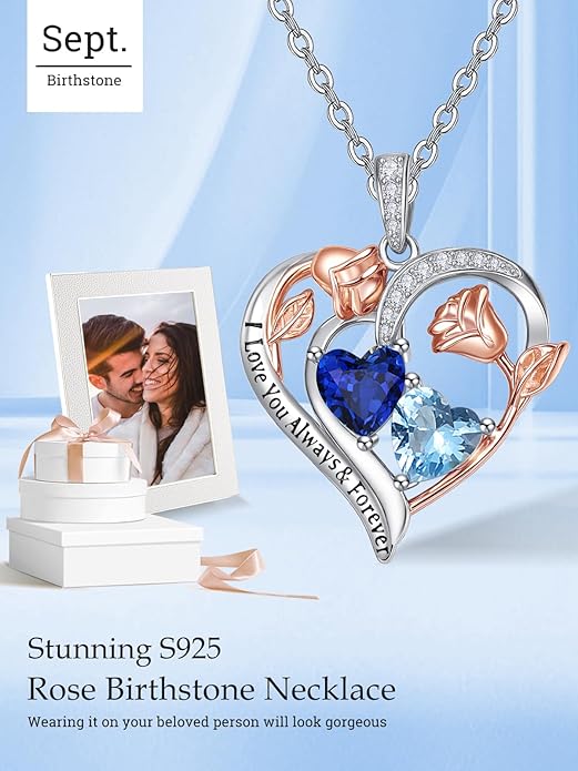 Valentine's Day Gifts for Wife 925 Sterling Silver Double Birthstone Pendant Necklaces I Love You for Always and Forever Necklace Anniversary Birthday Gifts for Wife Girlfriend Mom Her