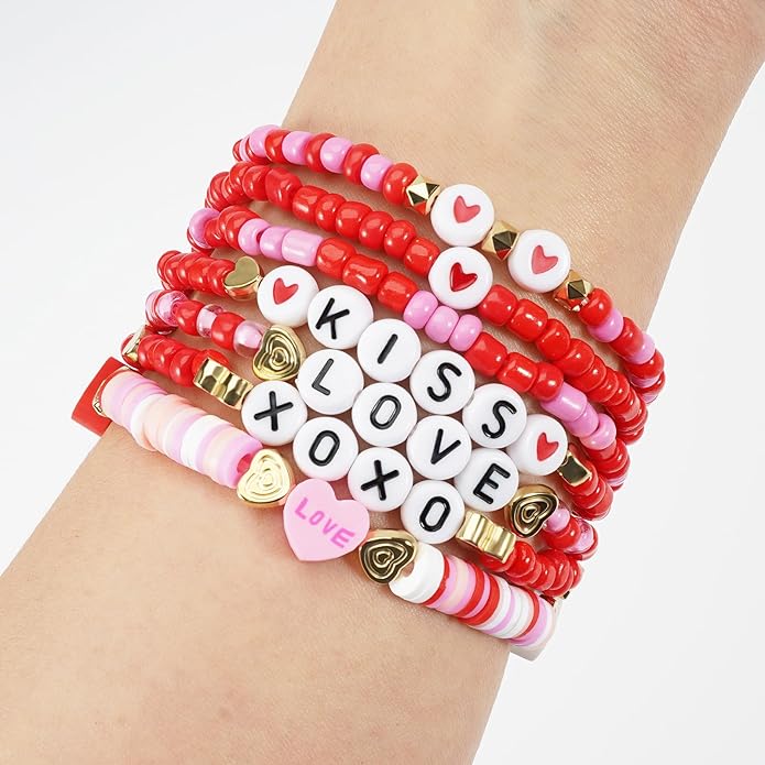 Beaded Bracelet for Women Pink Love Heart Stretch Bracelets Accessories