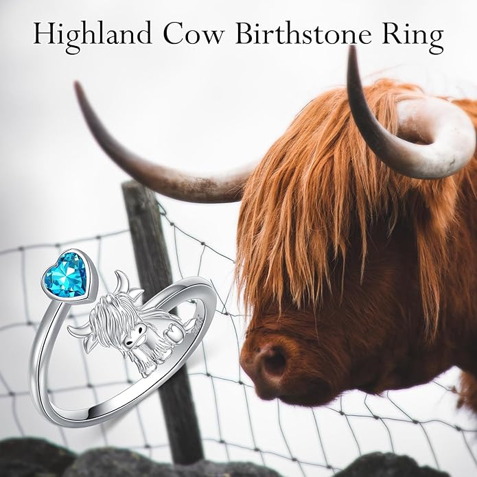 Highland Cow Ring 925 Sterling Silver Adjustable Ring Birthstone Ring Engraved Name Highland Cow Gifts Jewelry for Women