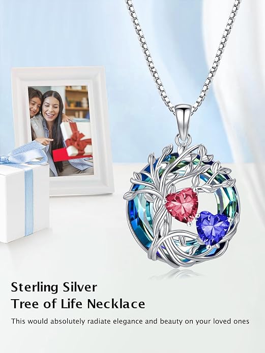TOUPOP s925 Sterling Silver Family Celtic Tree of Life Pendant Necklaces with 2 Heart Birthstone with Blue Austrian Crystal Jewelry Birthday Valentines Day Gifts for Her, Anniversary Christmas Gifts for Wife Girlfriend Mom (18K Real White Gold Filled)