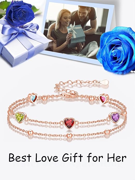 Birthstone Anklet/Bracelets for Women 925 Sterling Silver Charm Link Double Strand Heart Birthstone Jewelry Gift for Wife Women Mother's Day Gift