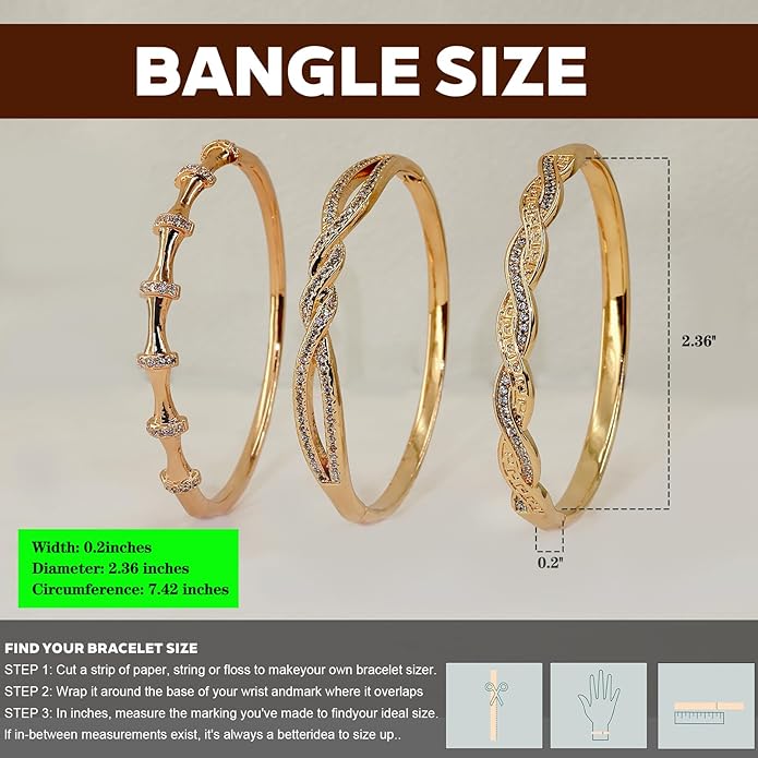 3PCS Gold Bangle Bracelet Set for Women, Bamboo Joint & Twisted Rope Design, Copper Inlaid with 3A Zircon, Stackable Trendy Jewelry, 2.4 Inch, Great Gift for Her Girlfriend Wife Mom Sister Lover on Birthday Christmas Valentine's Day Mother's Day