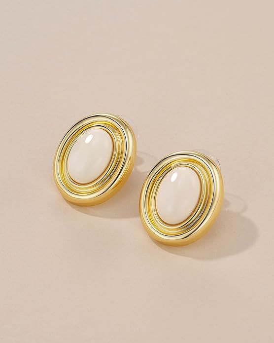 18K gold plated Medium Oval Button Chunky Statement Earrings for Women by SNGIA, (Turquoise, Carnelian, Aventurine, Amethyst, Malachite, Cat Eye, White, Cream) Bold Handmade Colored (Red, Blue, Green, White, Cream, Purple) Exaggerated Dome Retro Rounde...