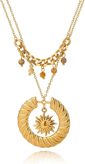 Gold Necklace for Women, Dainty 14K Gold Plated Layered Sun Pendant Necklace Gold Charm Chocker Jewelry Gift for Her