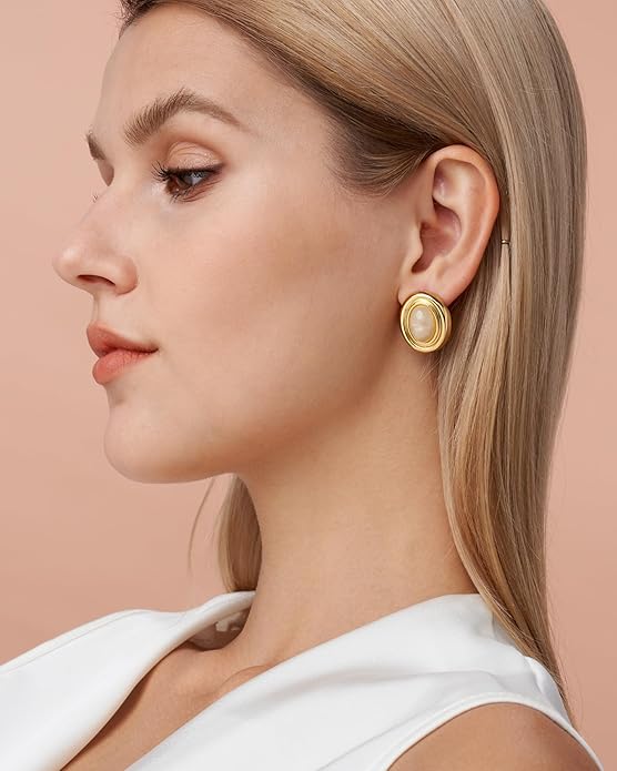 18K gold plated Medium Oval Button Chunky Statement Earrings for Women by SNGIA, (Turquoise, Carnelian, Aventurine, Amethyst, Malachite, Cat Eye, White, Cream) Bold Handmade Colored (Red, Blue, Green, White, Cream, Purple) Exaggerated Dome Retro Rounde...