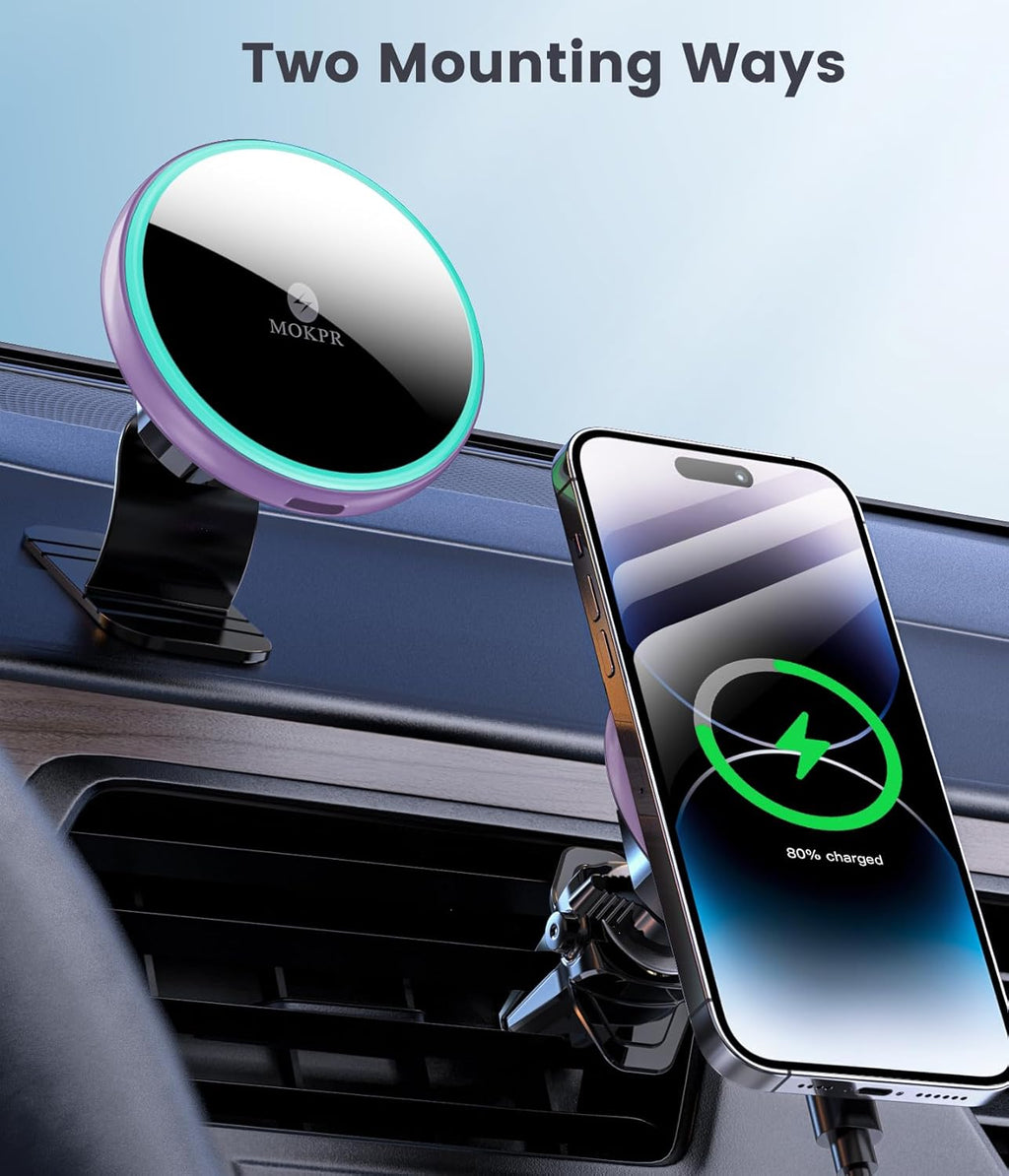 MOKPR for Magsafe Car Mount Charger-15W Wireless Car Charger-Magnetic Car Phone Holder for Dash Air Vent-LED RGB HandsFree Car Mount Fast Car Charger for iPhone 14/13/12 Series