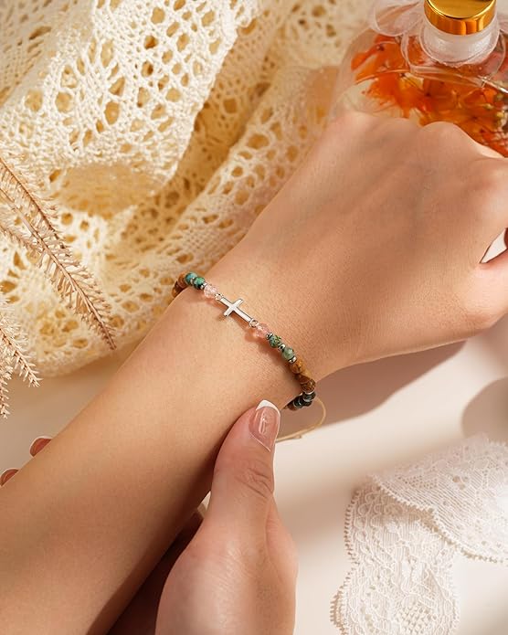 Cross Bracelet for Girls 10 13 16 Year Old Birthday Gifts, Natural Stone Adjustable Christian Jewelry with Inspirational Card for Daughter Granddaughter Niece