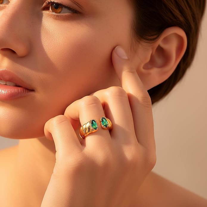 Chunky 18K Gold Adjustable Statement Ring for Women - Green Marquise Crystal Open Band, Vintage-Inspired Luxury Gift