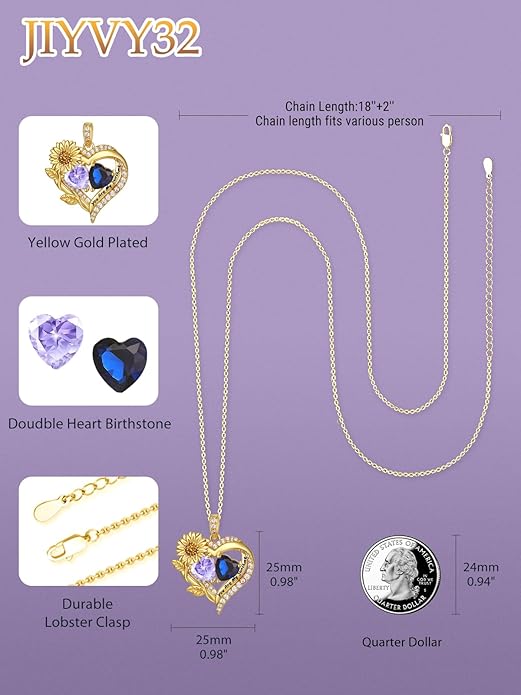 Sunflower Heart Necklace for Women 14K Gold Exquisite Valentines Day Anniversary Birthday Gifts for Wife Mother Her Double Birthstone Pendant Jewelry‘You Are My Sunshine’