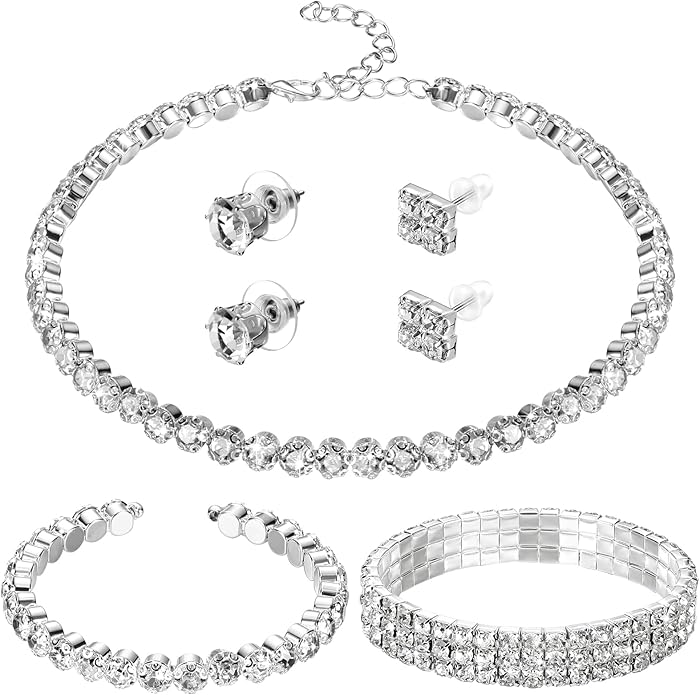 Glenmal Pearl Rhinestone Jewelry Set for Women Pearl Necklace Bracelet Earrings for Wedding Birthday Bridal Shower Tea Party