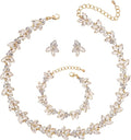 Bridal Wedding Crystal Leaf Choker Necklace Dangle Earring Bracelet Brides Bridesmaid Jewelry Set for Women