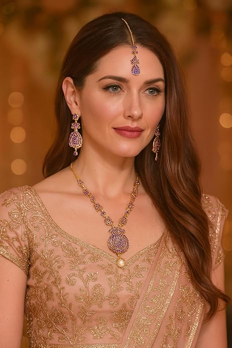 Touchstone Indian jewelry sets for women maang tikka wedding guest gold necklace bollywood jewellery set pageant elegant prom bride accessories western crystal chunky rhinestone necklaces