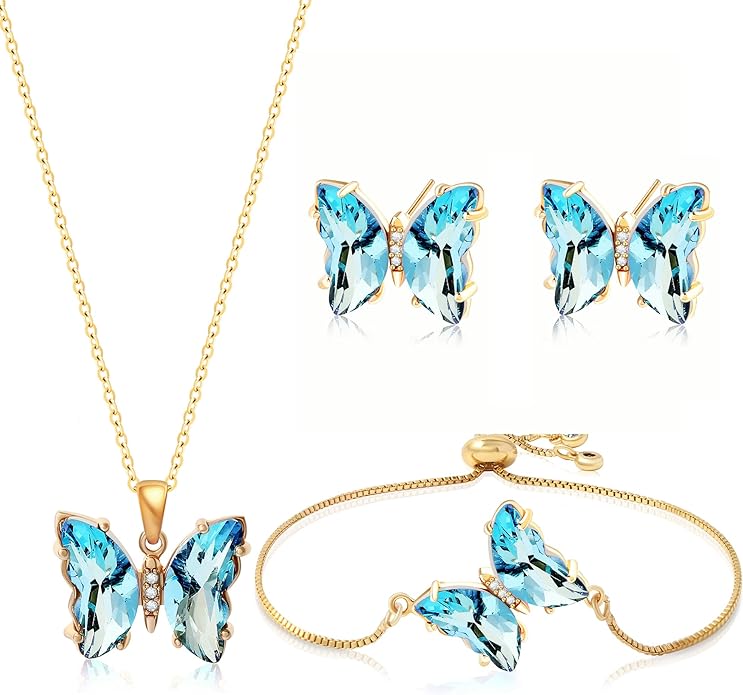 MISS RIGHT Butterfly Crystal Jewelry Set with Butterfly Necklace Stud Earrings Bolo Bracelet Adjustable Ring for Women Trendy, Iridescent Y2K Dainty Butterfly Jewelry Gifts