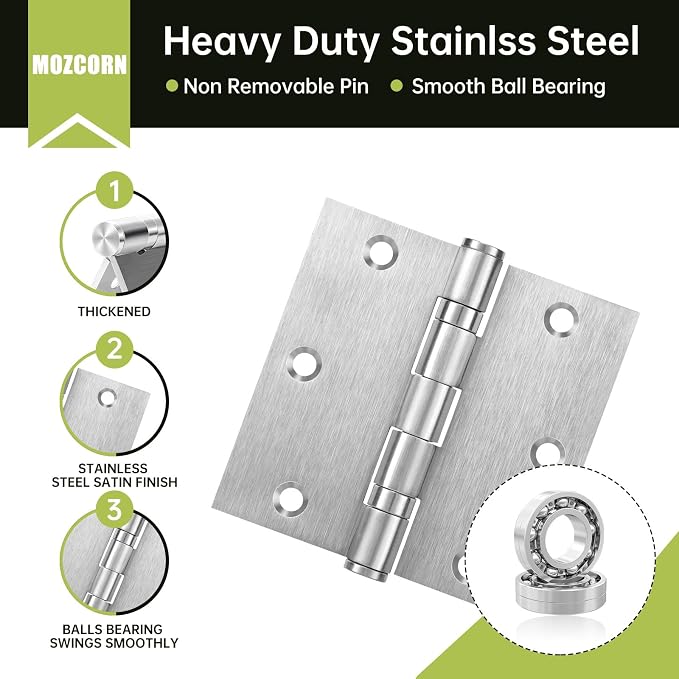 6 Pack Door Hinges 3 x 3 Inches, Heavy Duty Stainless Steel Ball Bearing Hinges - Image 3
