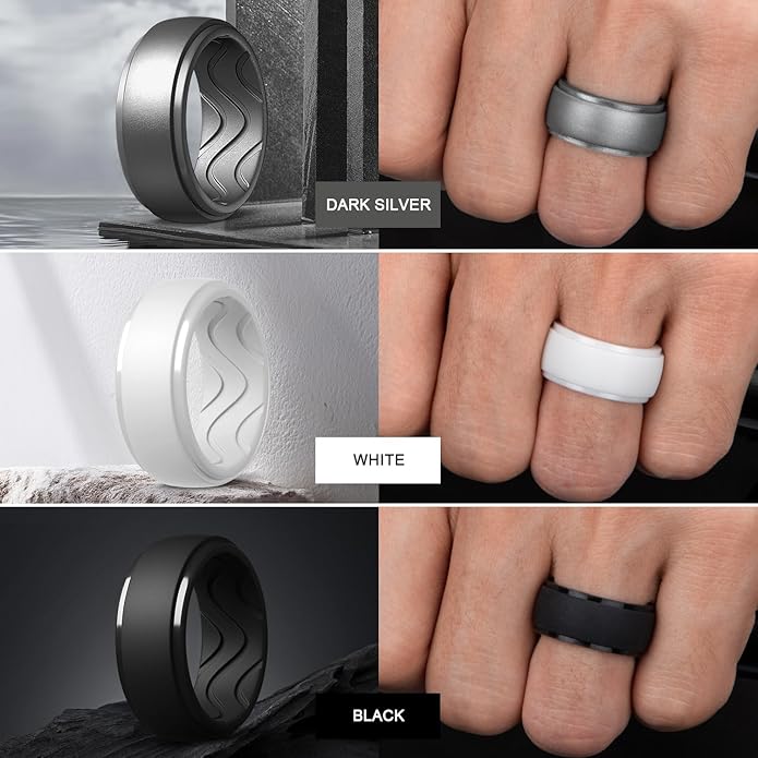 Egnaro Men's Silicone Rings 10mm Wide 2.5mm Thick, Rubber Wedding Bands with Inner Arc Ergonomic Breathable Design, 1/4/5/7 Variety Multipack