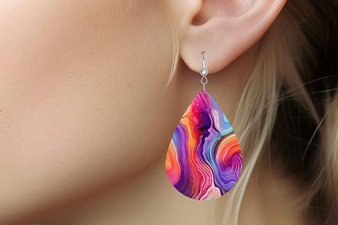 Teardrop Wood Earrings Light Weight Printed Image Dangle Jewelry, Fun and Funky Earrings