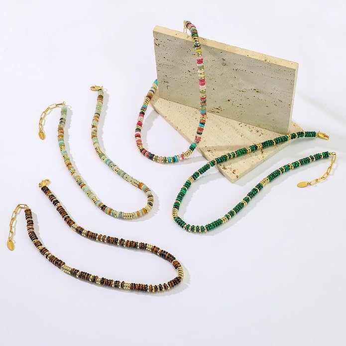 Beaded Necklace for Women, Colorful Boho Beach Handmade Bead Choker, 14K Gold Plated Stackable Bohemian Multicolor Natural Stone Necklace
