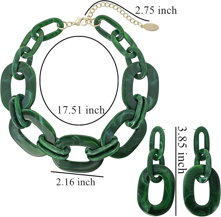 Bocar Acrylic Chunky Statement Necklace for Women Cube Link Chain Collar Necklace and Hoop Earrings Costome Jewelry Set
