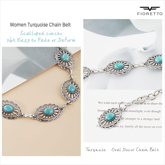 FIORETTO Metal Waist Chain Link Belt for Women Western Cowgirl Boho Turquoise Belts for Dress Jeans Country Concert Outfit