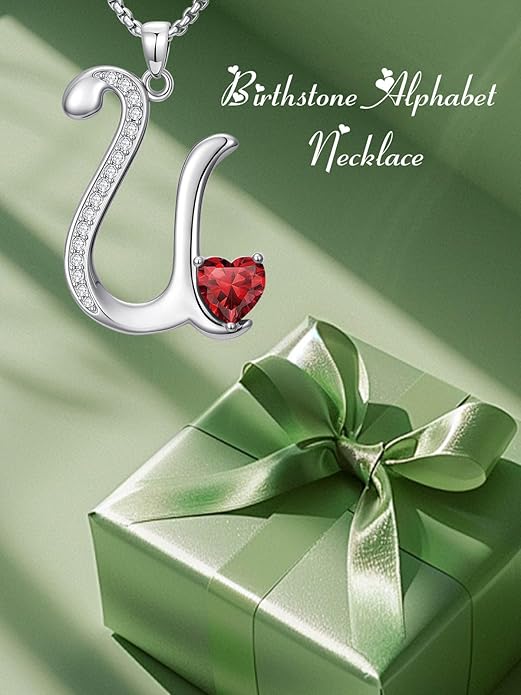 Valentines Day Gifts for Women Alphabet A to Z Initial Birthstone Pendant Necklaces for Women - 18k White Gold Plated Personalized Name Jewelry Valentine Mothers Day Birthday Gifts for Women Her Girlfriend