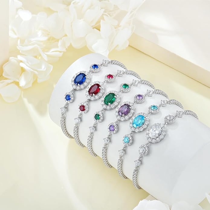 925 Sterling Silver Birthstone Bracelets for Women, Adjustable Halo Cubic Zirconia CZ Bracelet Anniversary Birthday Jewerly for Mom Wife