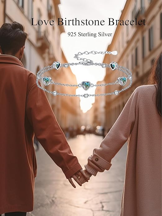 Birthstone Anklet/Bracelets for Women 925 Sterling Silver Charm Link Double Strand Heart Birthstone Jewelry Gift for Wife Women Mother's Day Gift