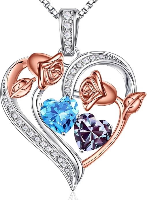 Iefil Valentines Day Gifts for Her - 925 Sterling Silver Rose Heart Necklace, Birthstone Jewelry, Anniversary Birthday Gifts for Wife Girlfriend Mom Daughter