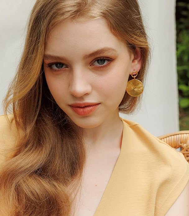 OZEL Gold Dangle Earrings for Women Brushed Finish, Matte Gold Statement Jewelry, 14k Gold Plated