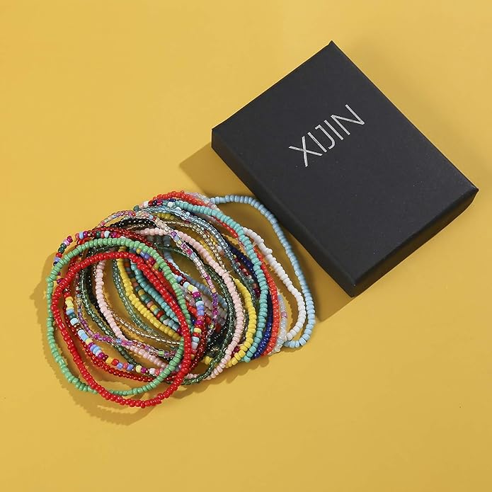 XIJIN 18 Pieces Elastic Beaded Anklets for Women Handmade Beach Boho Colorful Beads Ankle Bracelets Set