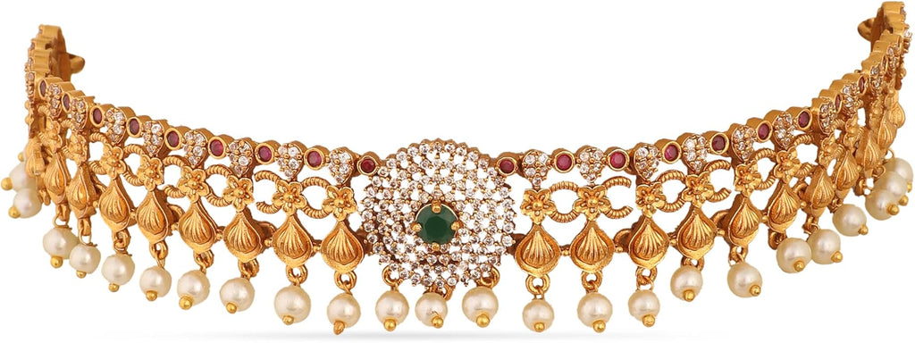 TARINIKA Brass Indian Choker Necklace Set - Gold Plated Cubic Zirconia Indian Jewelry Sets for Women Dangle, Drop, Jhumka Earrings Traditional Desi Necklace Pearls Gift for her