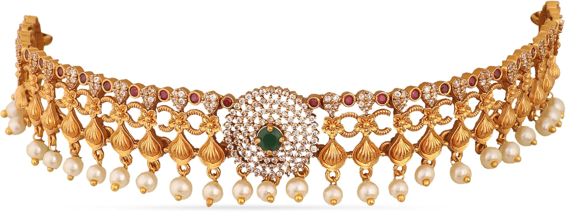 TARINIKA Brass Indian Choker Necklace Set - Gold Plated Cubic Zirconia Indian Jewelry Sets for Women Dangle, Drop, Jhumka Earrings Traditional Desi Necklace Pearls Gift for her