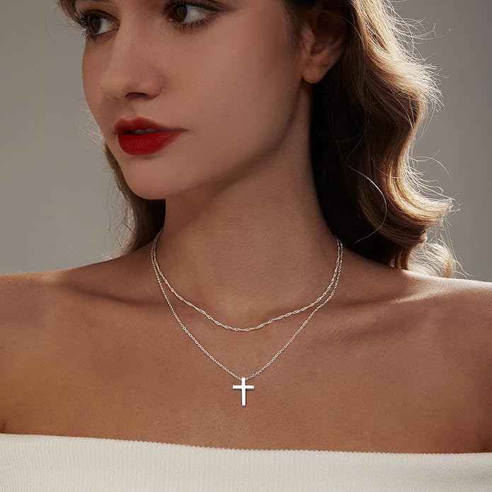 Zeffy Cross Necklace for Women, 18k Gold/Silver Plated Tiny Cross Pendant Necklace Simple Layered Cross Necklaces Gold Jewelry for Women
