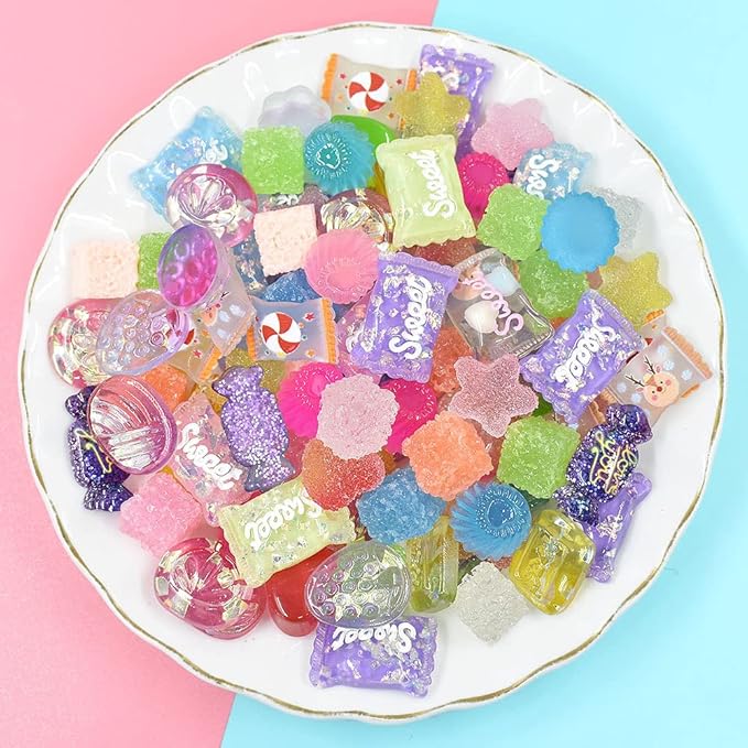 50pcs Cute Slime Charms Mixed Set Resin Flatback for DIY Craft Making and Ornament Scrapbooking Beads Assorted Candy Fruit Cake Christmas Gifts Trellis Resin Ornament Kit Making Supplies