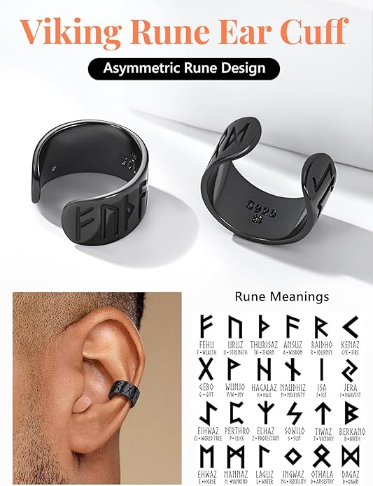Silvora Ear Cuff 925 Sterling Silver Viking Runes Earrings for Men Women Viking Jewelry with Gift Box