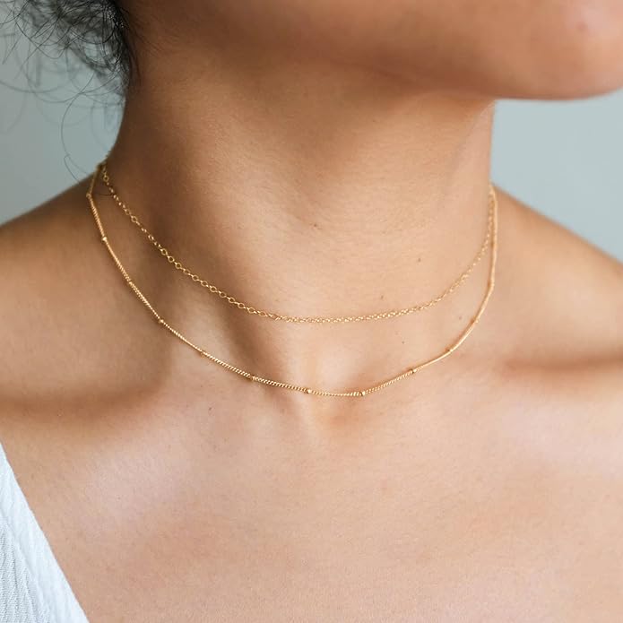 CHESKY 14k Gold Plated/Silver Plated Dainty Necklace for Women, Trendy Satellite Choker Necklace Thin Beaded Layered Choker Necklaces Discs Paperclip Chain Necklaces Womens Simple Jewelry