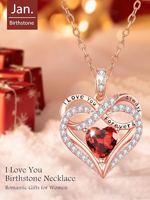 Infinity Rose Gold Valentines Heart Birthstone Necklace for Women,I Love You Always and Forever Jewelry,Valentines Anniversary Birthday Gifts for Her Wife Mom Grandma Daughter
