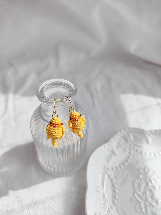 Hand-crocheted yellow and blue parrot earrings, miniature crocheted artistic cute playful parrot gifts accessories