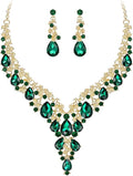 BriLove Women's Wedding Bridal Austrian Crystal Teardrop Flower Cluster Statement Necklace Dangle Earrings Jewelry Set for Party Prom