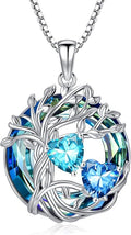 TOUPOP s925 Sterling Silver Family Celtic Tree of Life Pendant Necklaces with 2 Heart Birthstone with Blue Austrian Crystal Jewelry Birthday Valentines Day Gifts for Her, Anniversary Christmas Gifts for Wife Girlfriend Mom (18K Real White Gold Filled)
