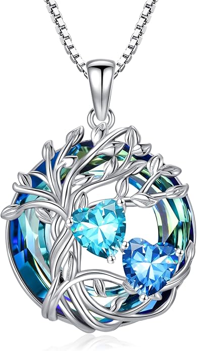TOUPOP s925 Sterling Silver Family Celtic Tree of Life Pendant Necklaces with 2 Heart Birthstone with Blue Austrian Crystal Jewelry Birthday Valentines Day Gifts for Her, Anniversary Christmas Gifts for Wife Girlfriend Mom (18K Real White Gold Filled)