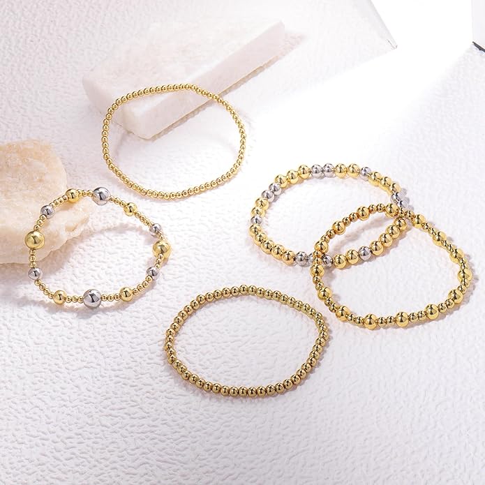 Gold Bracelets for Women Waterproof, 14K Gold Plated Beaded Cross Bracelets Set,Boho Stretch Bracelets Stackable Jewelry for Women Teenage Girls Jewelry Christmas Gifts