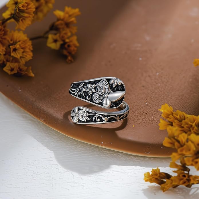 LOANGO Spoon Ring for Women 925 Sterling Silver Spoon Rings Adjustable Oxidized Vintage Thumb Rings Sunflower Hummingbird Butterfly Bee Cardinal Jewelry Gifts for Women Men