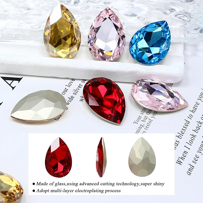 8Pcs Teardrop Crystal Pointback Rhinestones,30 * 20mm Large Glass Rhinestones Gem Stones for Crafts Dress Shoes Jewelry Making，Crystal Golden Shadow